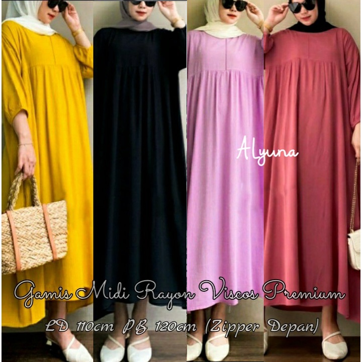 Gamis Midi Dress Polos Rayon Viscos Premium Resleting Depan Jumbo