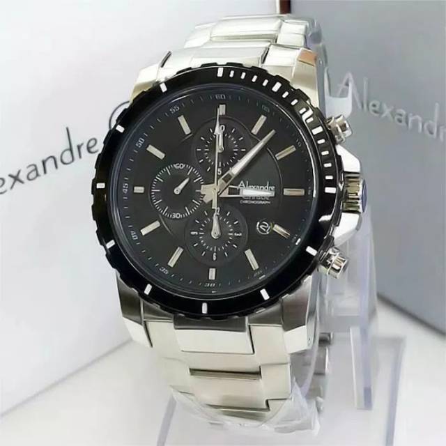JAM TANGAN PRIA / COWOK ALEXANDRE CHRISTIE SILVER BLACK TALI RANTAI ORIGINAL - PUTIH HITAM AC 6141