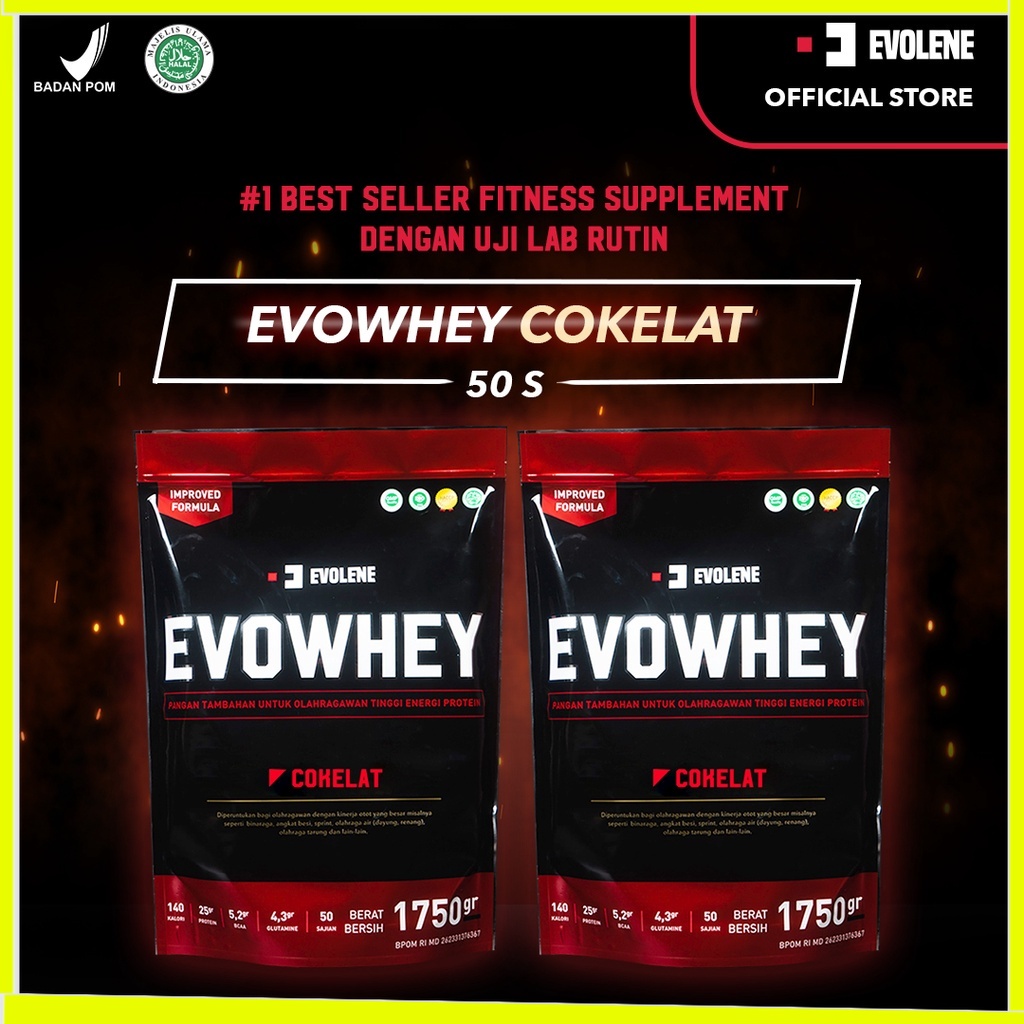 

Evolene Whey Protein Coklat 2x 1750gr/50 Sachet + Shaker / Tanktop gym Defisit kalori BPOM HALAL