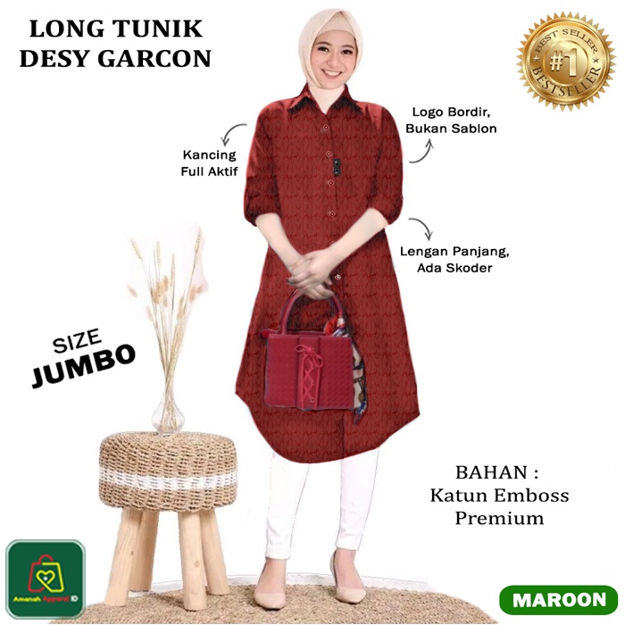 Baju Atasan Tunik Wanita Muslim LONG TUNIC DESY GARCON JUMBO Bahan Katun Emboss Premium Size XL-XXL / 19652 19655