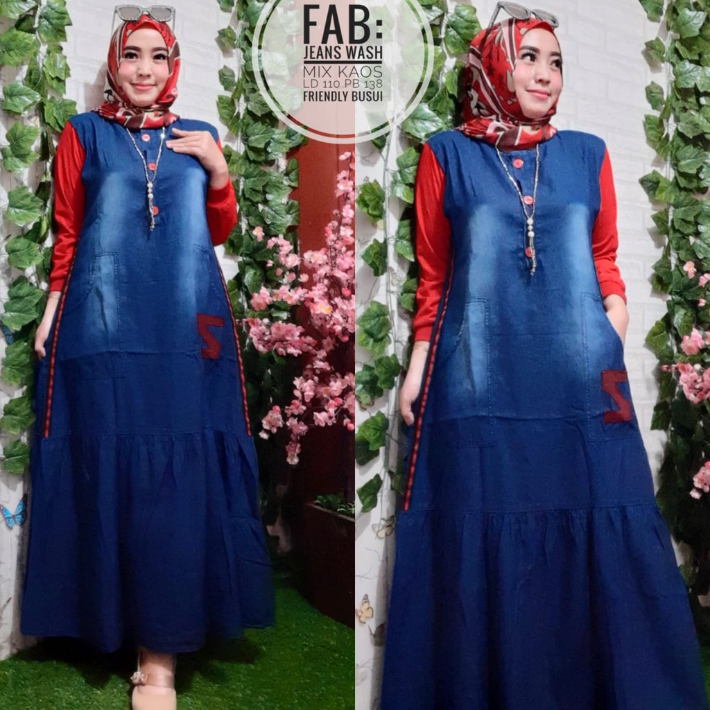 Gamis Levis Wanita Bahan Denim /Jeans Wash Mix Kaos Combat Z