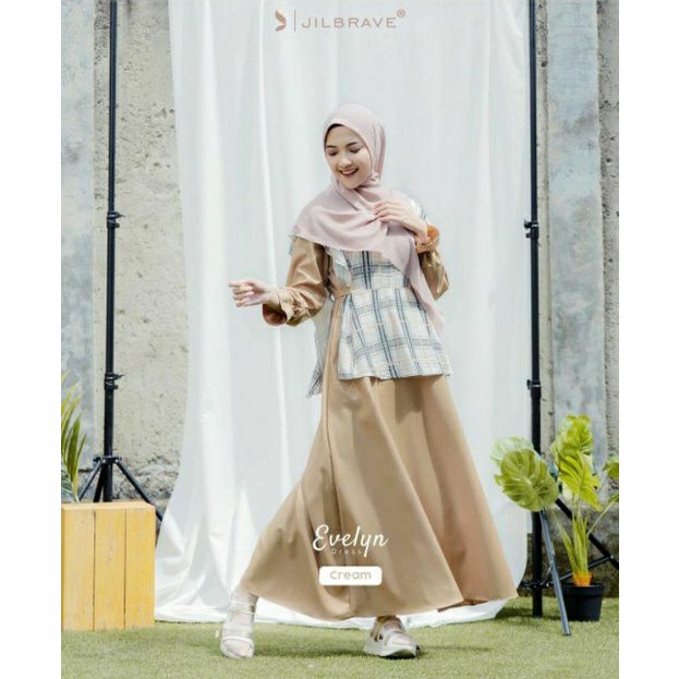 EVELYN DRESS JILBRAVE | Gamis Syari Model Outer Motif Tartan Menyatu