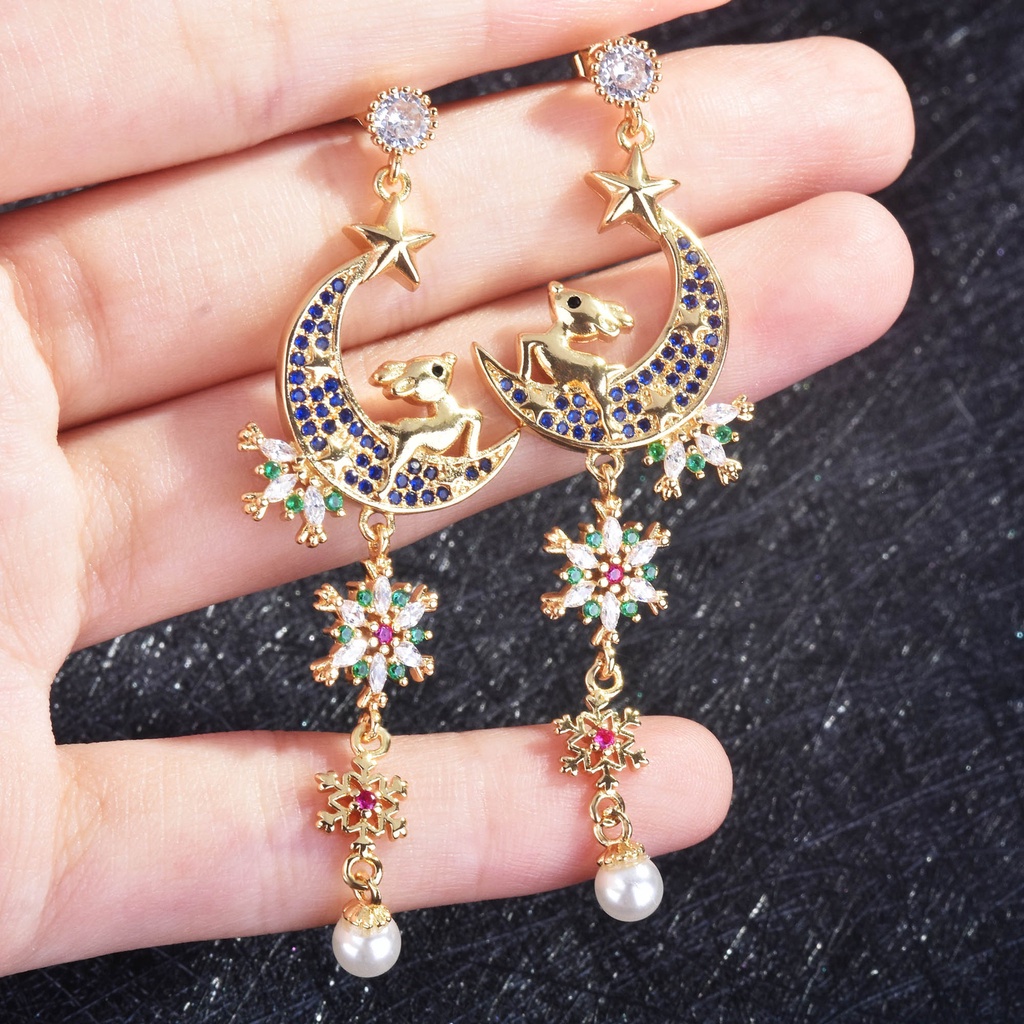 Anting Tusuk Gantung Panjang Desain Snowflake / Bintang / Bulan / Rusa Hias Zircon Biru Bahan Silver S925