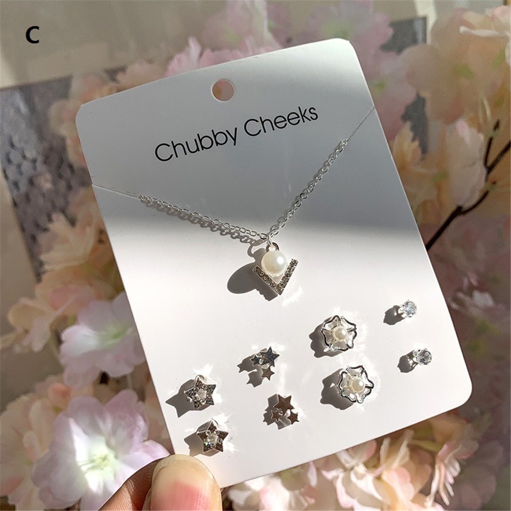 Korean Fashion Necklace and Earrings Set Card Stars Clover Flowers Snowflakes Bow Necklace Week Earring Set Jewelry