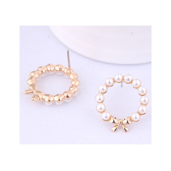 LRC Anting Tusuk Fashion Gold Bow Pearl Stud Earrings A58417