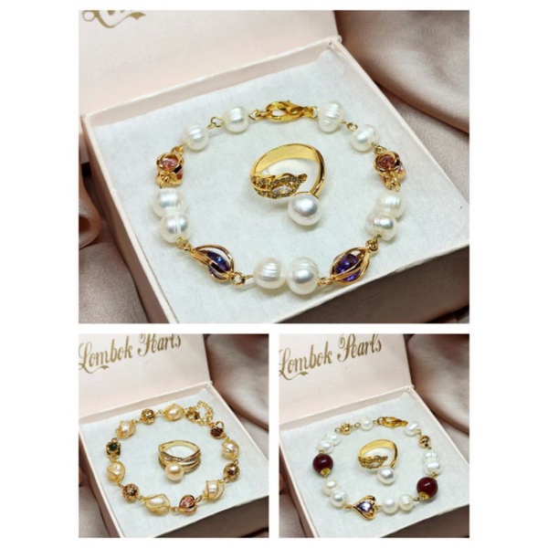PAKET GELANG MUTIARA DAN CINCIN MUTIARA | SET GELANG DAN CINCIN MUTIARA AIR TAWAR ASLI LOMBOK | GELA