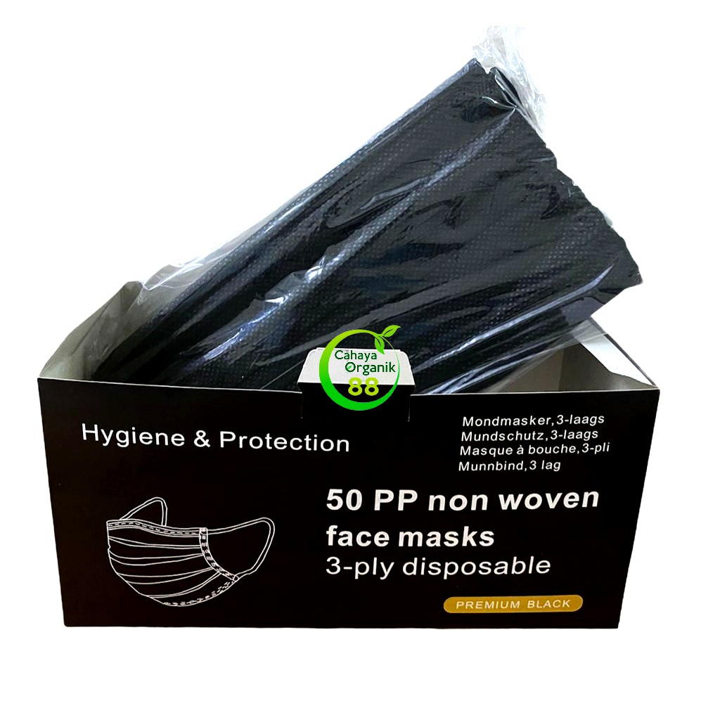 Masker Earloop 3 Ply Face Mask Hitam 1 Box Isi 50 Pcs