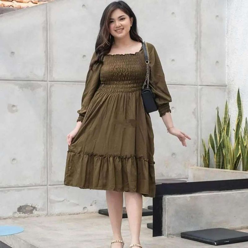 Midi dress|Baju sabrina|Dress kerut Salsa size JUMBO S~XXXL