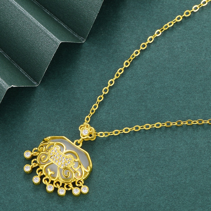 Kalung Emas Emas Asli Kadar 375Liontin Batu Giok Chalcedony Peace Buckle Gaya Korea