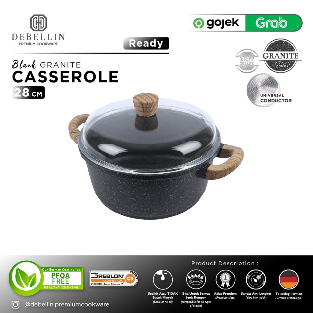 Debellin Casserole 28 Cm - Black Granite Cookware Series Atau Panci Anti Lengket Premium