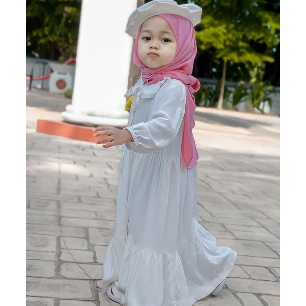 Dress Putih Polos/ Usia 2-5 Tahun/ Gamis Muslim Anak Perempuan/ Sahwa Kids/ Dres Umpak Susun Kekinia