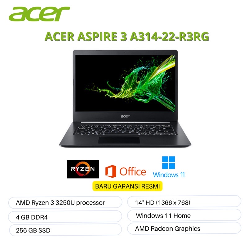 ACER ASPIRE 3 A314-22-R3RG RYZEN 3 3250U 8GB 512GB SSD AMD RADEON TM GRAPHICS 14&quot; W11 OHS