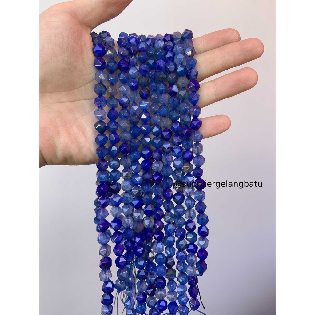 batu faceted hexagon Stone 8mm blue aquamarine biru gelang kalung akik