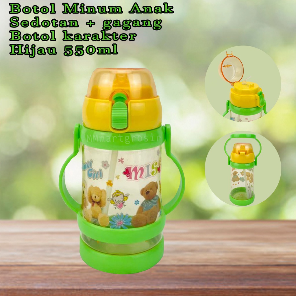 Botol Minum Anak / Botol minum sedotan dan gagang / Botol minum berkarakter/ Hijau / 550ml