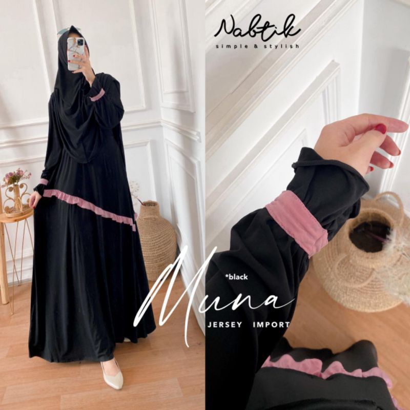[BEST PRICE] Muna Set Rempel by Ori Nabtik "Setelan Gamis Muslimah Free Khimar Jersey Import"