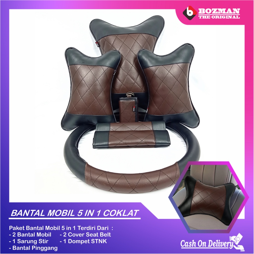 Set Bantal Mobil 5 in 1 Premium Bantal Leher Bantal Pinggang Cover Stir Seatbelt Free Dompet STNK