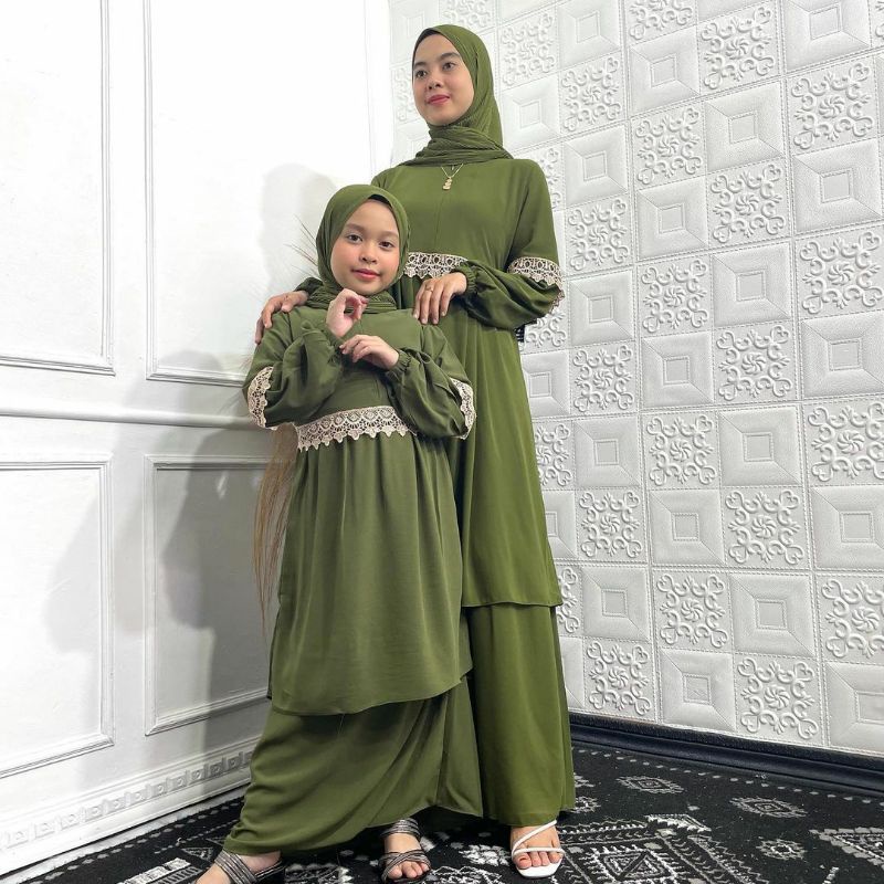 Gamis Renda Baju Dewasa Ibu Set Anak Couple Pasangan Dress Longdress Malaysia Ceruty Premium Bordir