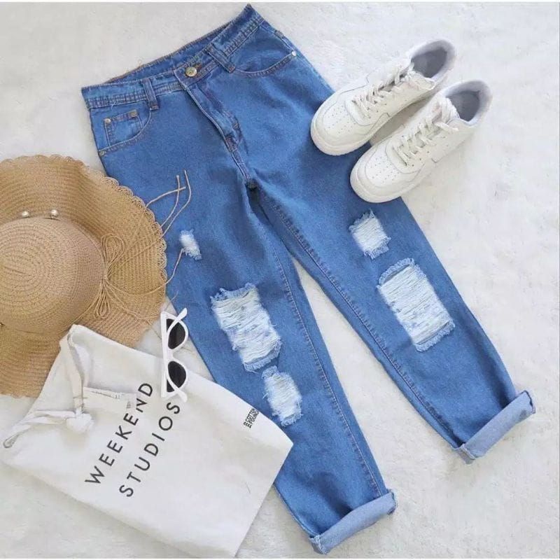 Boyfriend jeans sobek// Celana jeans wanita sobek//Celana wanita trendy termurah