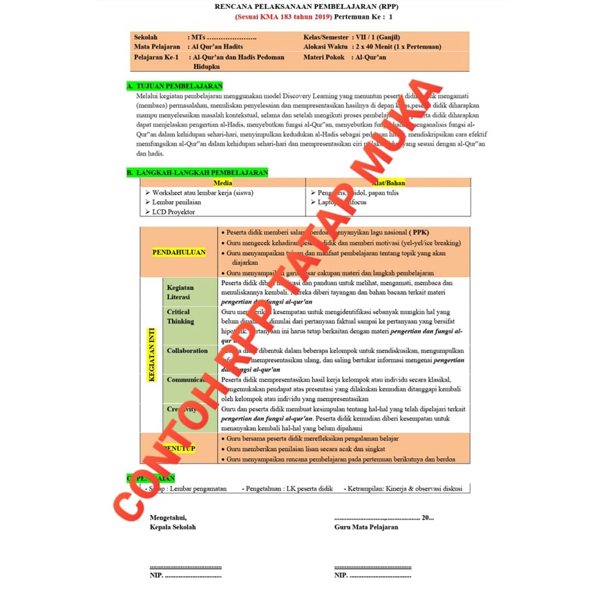 CD RPP 1 LEMBAR DARING, TATAP MUKA &amp;TIKOM SABAR,MTS, MAPEL BAHASA ARAB,KELAS 7,8, 9, 2 SEMESTER, SESUAI KMA183TAHUN 2019