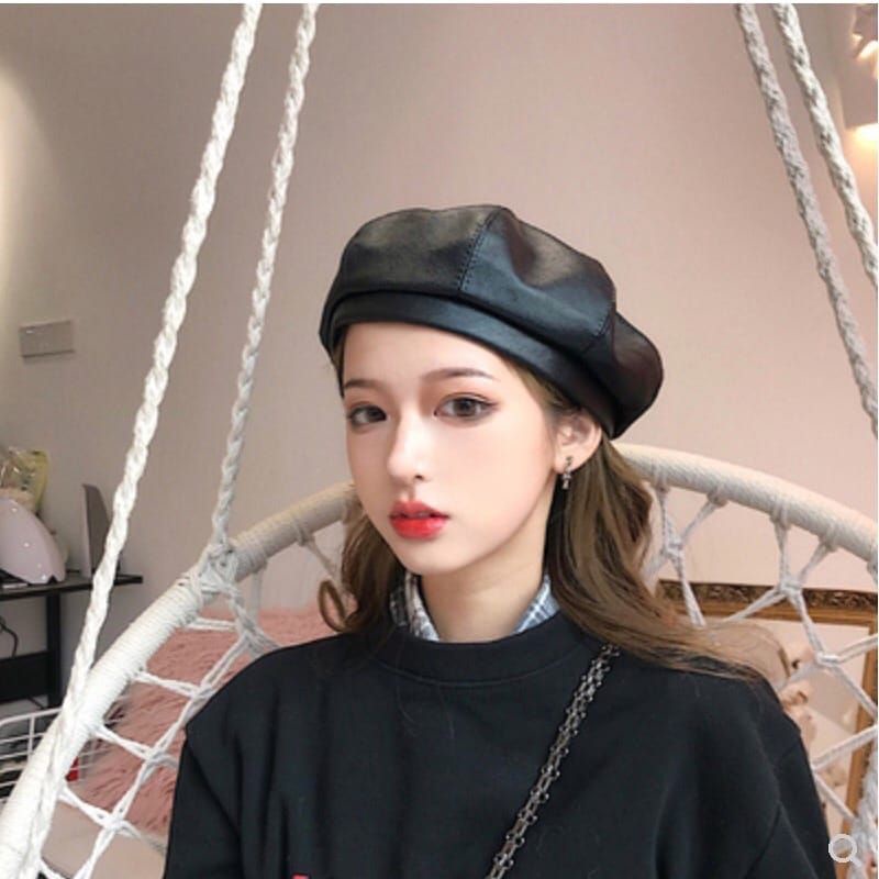 IMPORT WOMAN PU BARET HAT WINTER AUTUMN FASHION CAP TOPI MUSIM DINGIN