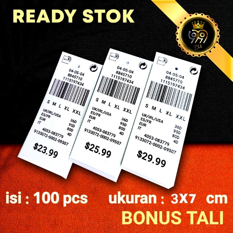 

hangtag bonus tali. hantag barcode handtag handtag label baju lebel nemtek pricetag merek baju