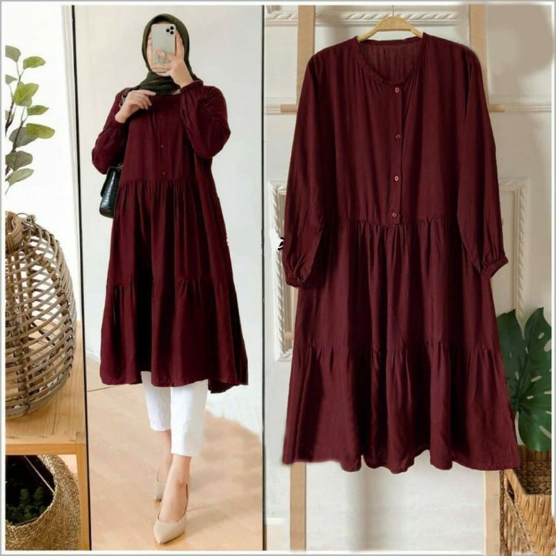 WIZA TUNIK PANJANG KANCING DEPAN KATUN RAYON POLOS TERBARU