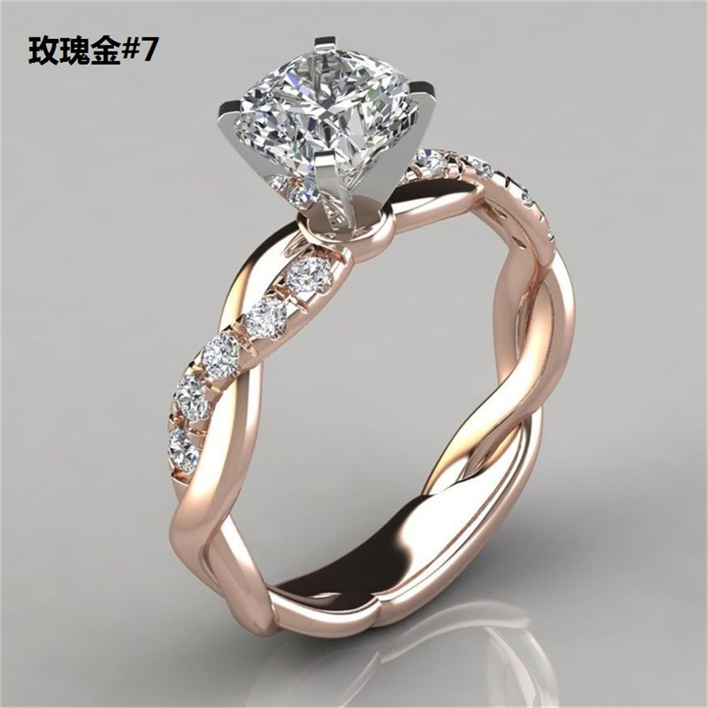 【COD Tangding】6-10 Size Three Color Princess Square Diamond Ring Cross Twist Diamond Set Ring