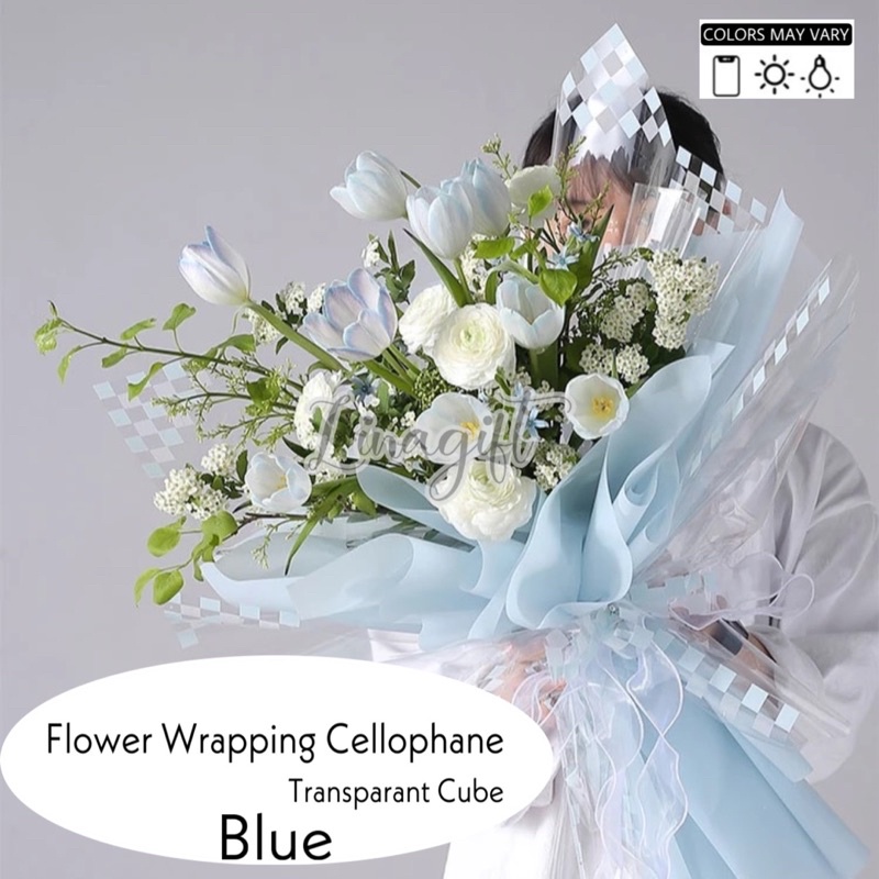 ( 5 Lembar ) TRANSPARANT CUBE - FLOWER WRAPPING PAPER KERTAS BUNGA KOREAN CELLOPHANE PLASTIC KARANGAN BUKET