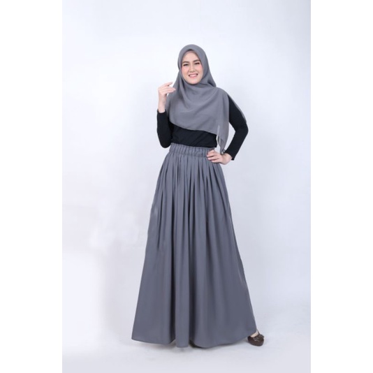 Rok panjang wanita bahan wolfis / rok rempel polos / rok kerja / rok kuliah-Abu gelap