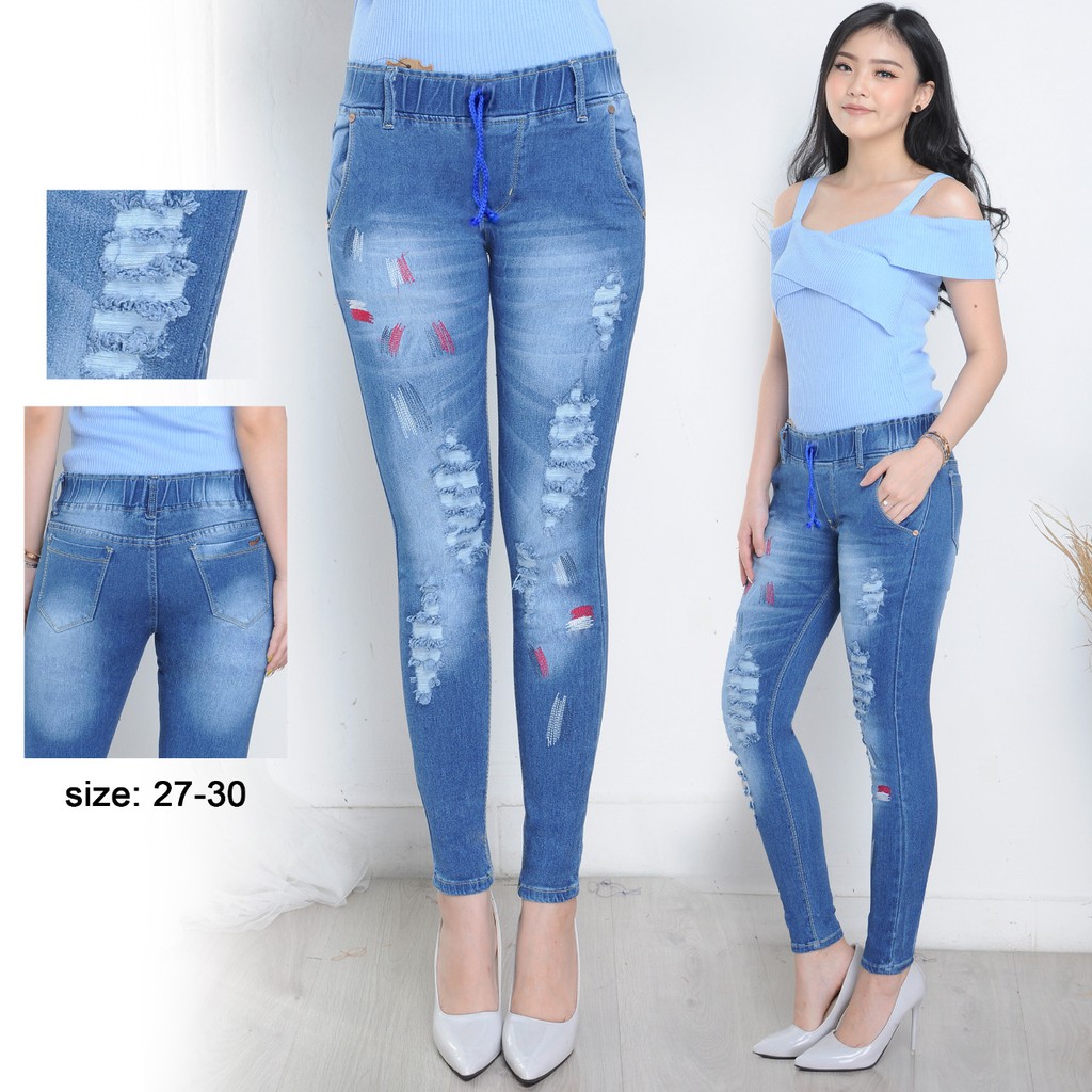 Celana Jeans Sobek Bordir / Celana Jeans Pinggang Karet Sobek Bordir / Celana Panjang Wanita / Lepis