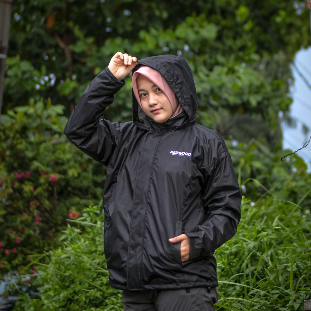REDWOOD Jaket Gunung Anti Air - Jaket Outdoor Waterproof Pria dan Wanita Original-Hitam
