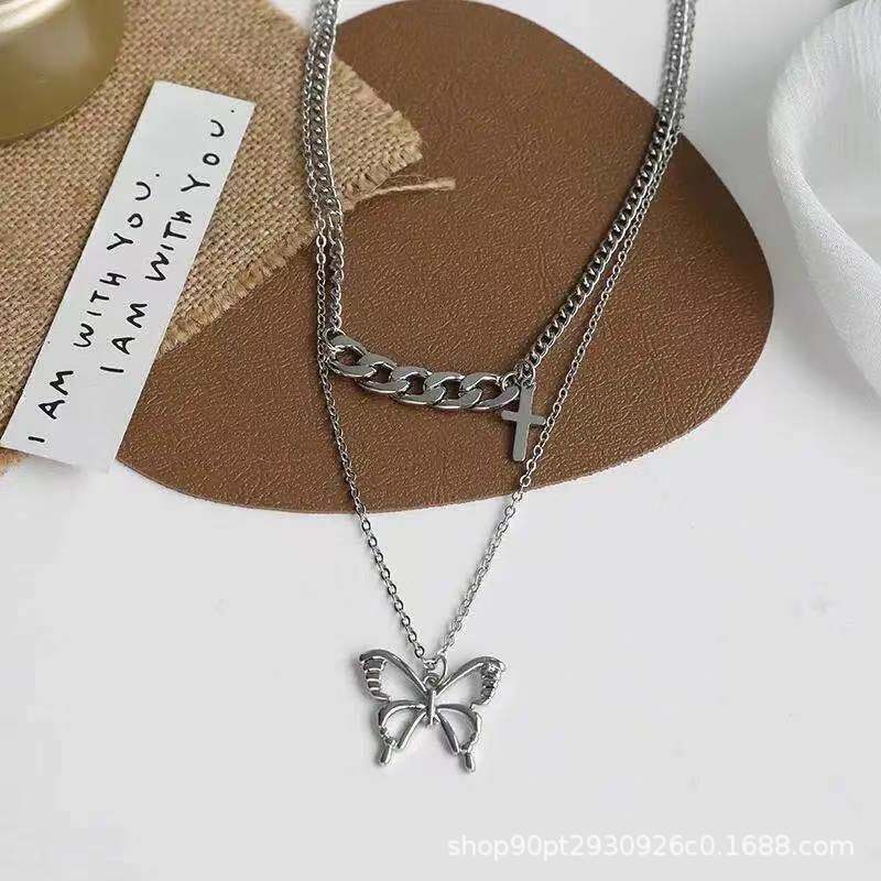 Ins butterfly twin kalung wanita populer Net Merah keren hip hop rasa desain kalung serbaguna musim