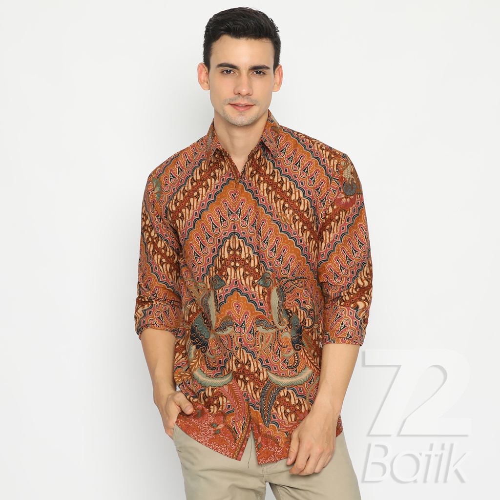 BATIK COUPLE MODERN Kemeja Rok Lilit Instan Batik Pria Lengan Panjang Premium Motif Parang Seling Kusumo Orange 721057 CAP 72