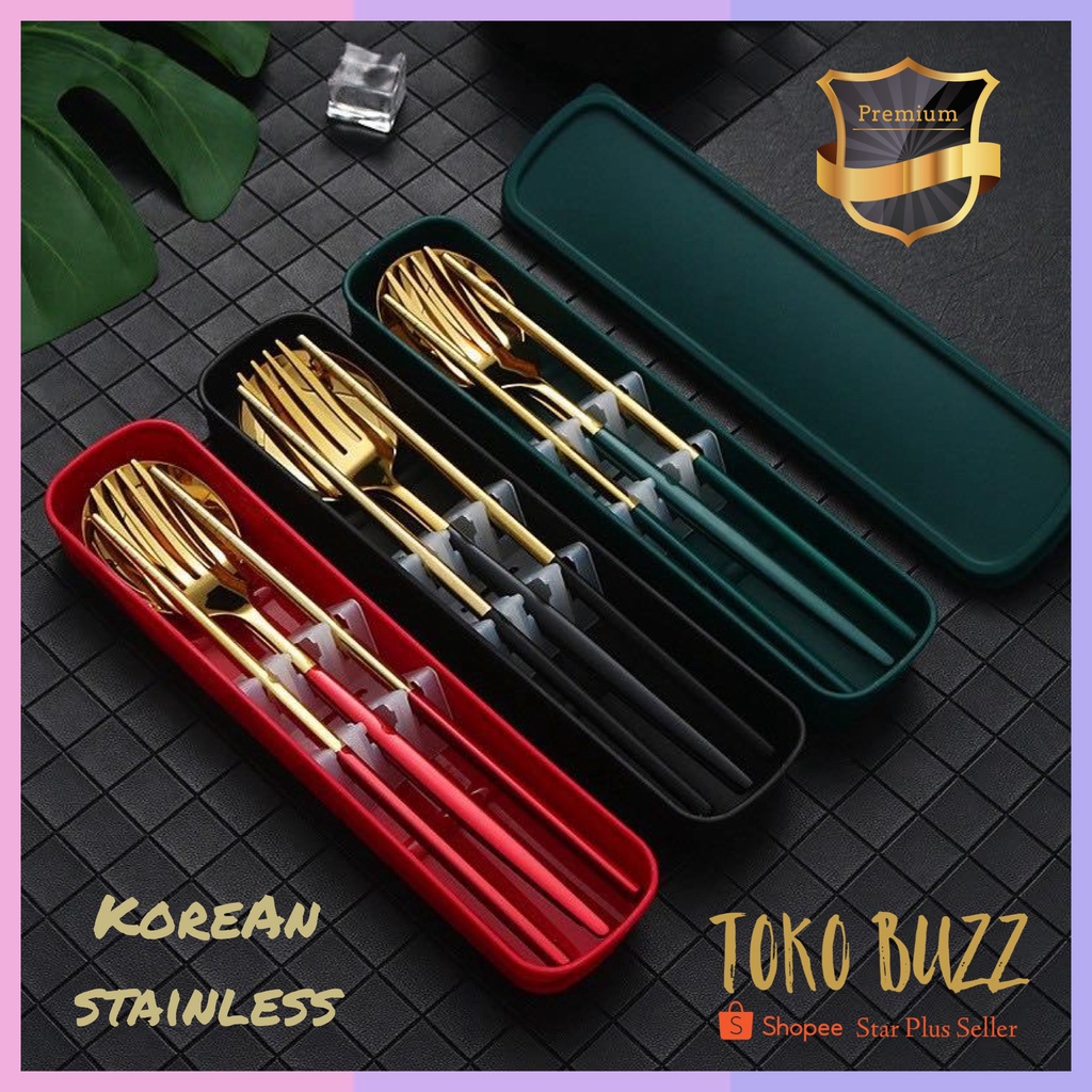 Sendok Makan Stainless Garpu Sumpit set Korea Travel Piknik Bekal Traveling Peralatan Makan Premium Korean Style 3 pcs