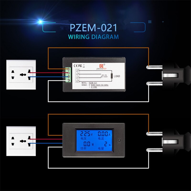 Single Phase Digital LCD  Ammeter Voltmeter 4in1 AC 80-260V 20A Electric Volt Amp Meter Power Kwh