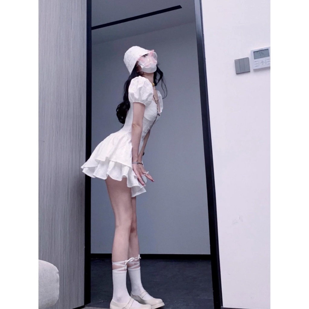 Setelan Wanita Awal Renda Lengan Kembung Gaun Putri Bengkak Pendek + Set Rok Dua potong