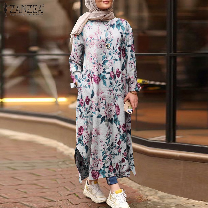 ZANZEA Women Long Sleeve Floral Vintage Oversized Muslim Long Dress