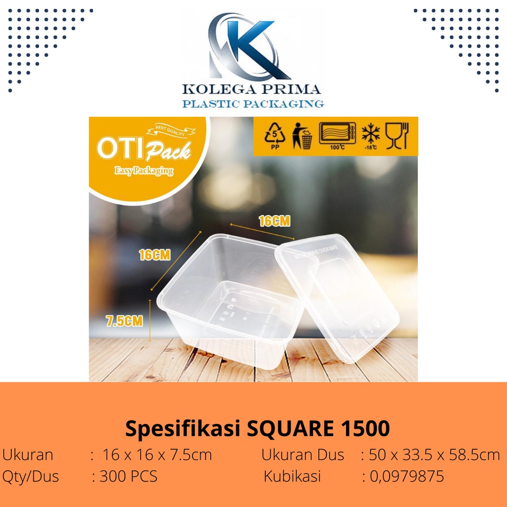 KOTAK MAKAN PLASTIK SQUARE 1500ML (PERSEGI/KOTAK)/OTK 1500/ WADAH PLASTIK MURAH ISI 25PCS