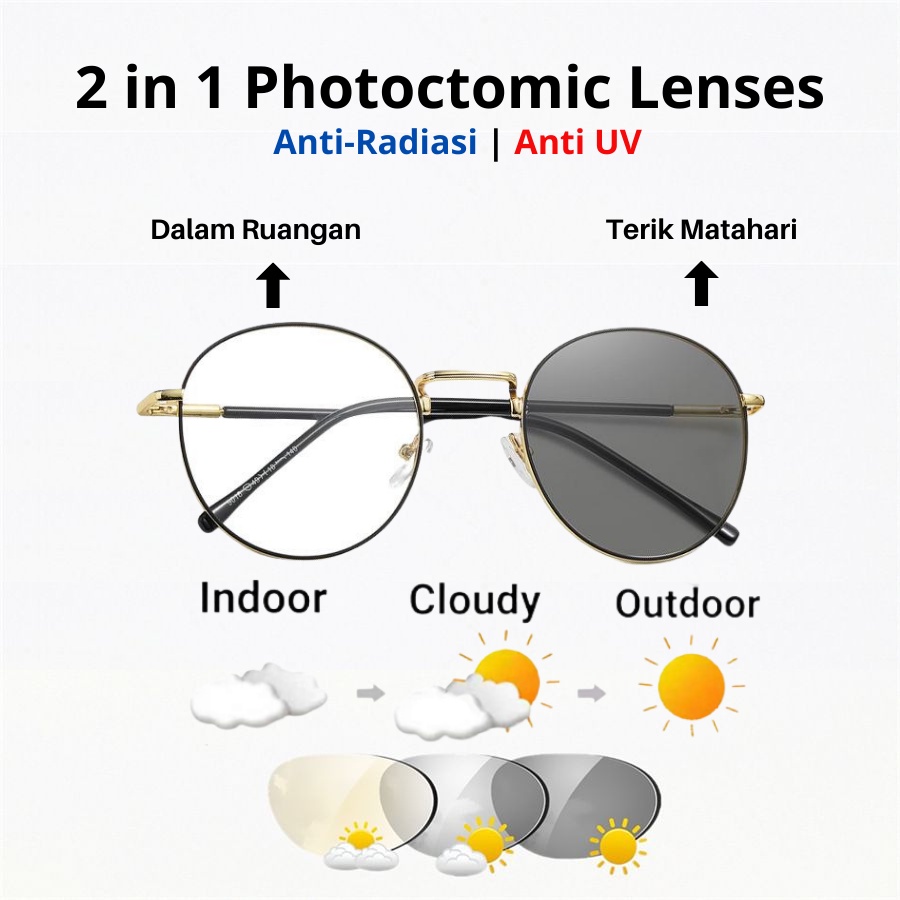 ✅COD [BBS] 2 In 1 Kacamata lensa photocromic anti radiasi wanita pria kacamata bingkai Titanium komputer Anti UV fotocromic PC-L007