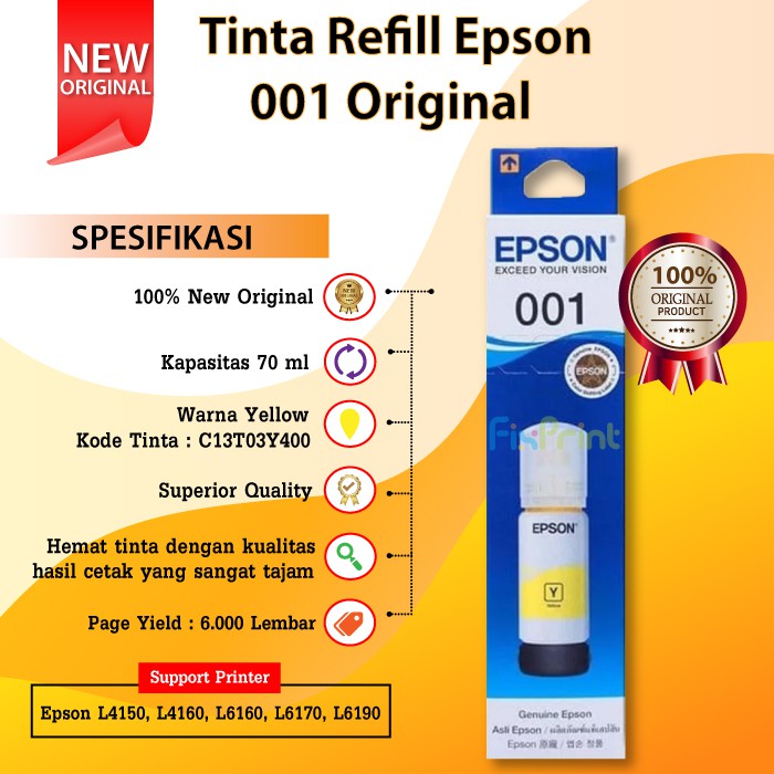 1 SET CMYK Tinta Refill Epson 001 Original Ink Bottle Printer Inktank L4150 L4160 L6160 L6170 L6190