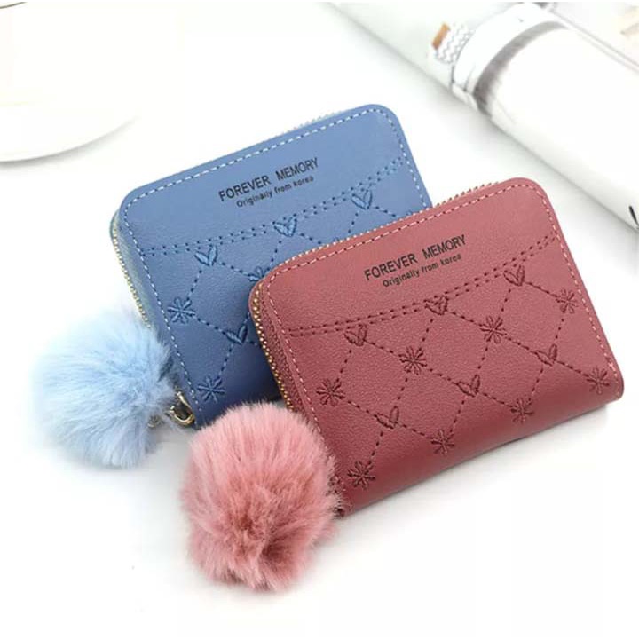 PREMIUM DOMPET PREMIUM MINI CLOVER FLOWER BORDIR BONUS GANTUNGAN POMPOM