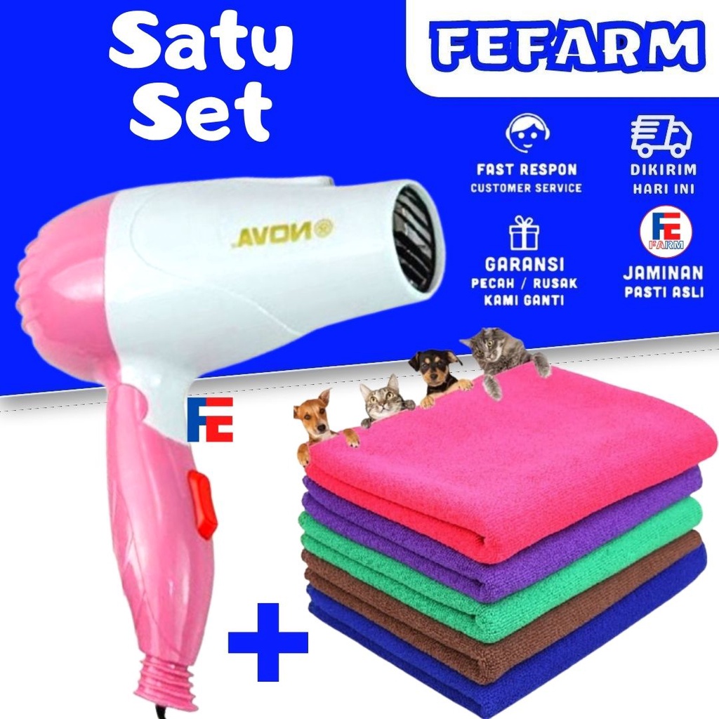 Paket Hemat Hair Dryer Pengering Bulu Kucing Lipat Hairdrayer Mini dan Handuk Grooming FEFARM
