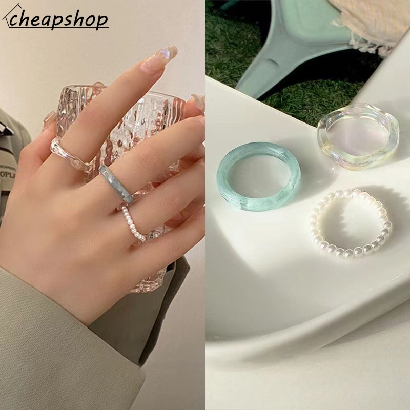 IFYOU 3pcs / set Cincin Mutiara Resin Gaya Korea Warna Silver Untuk Wanita