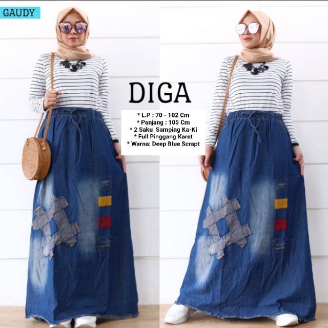 Rok Panjang Diga Variasi Ripped &amp; Tempel . Rok Jeans Panjang