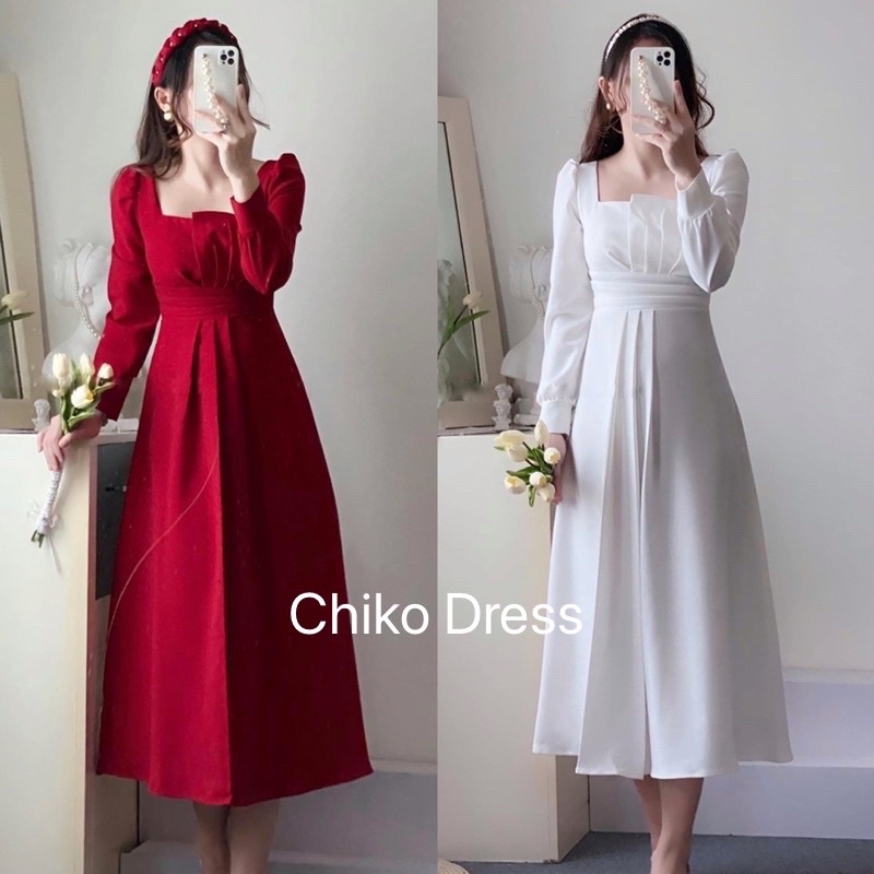 Chiko 치고 Dress Korean Look Vintage Casual Formal Midi Prewed Wedding Putih White Maroon Natal Christ