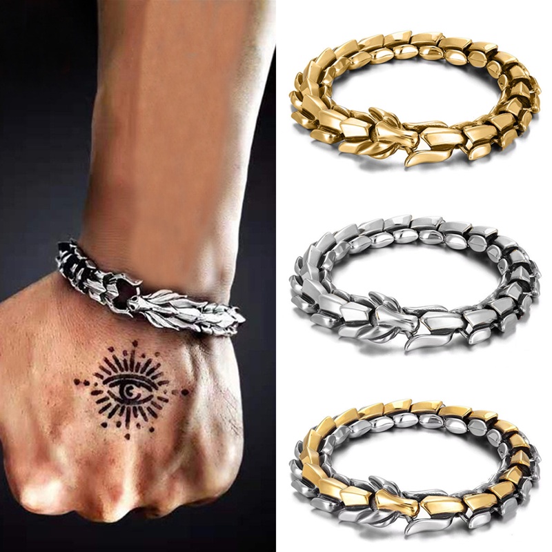 Gelang Bangles Bahan Titanium Steel Desain Naga Gaya Vintage Punk Untuk Pria