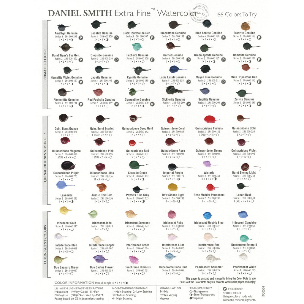 

Daniel Smith Extra Fine Watercolor Watercolour Trial Test Dot Card 66 Colors Artist Grade Watercolor
