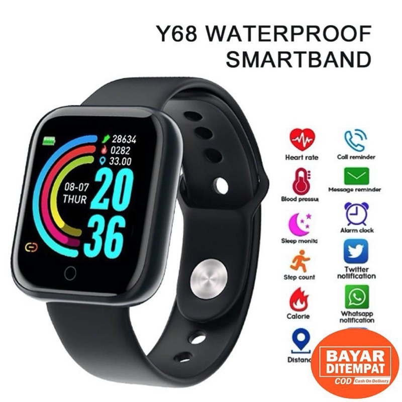 (BEST SELLING) JAM TANGAN SMARTWATCH SMARTBAND Y68 SPORTS WATER PROFF | HEART RATE | BLOOD MONITORING | BIG SCREEN SMART BRACELET