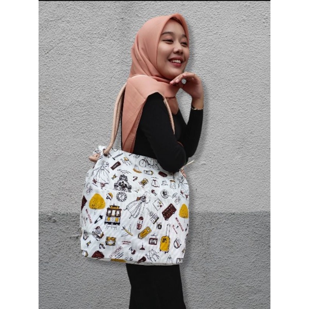 Tas wanita Tas kanvas tote bag tali sumbu  motif fashion