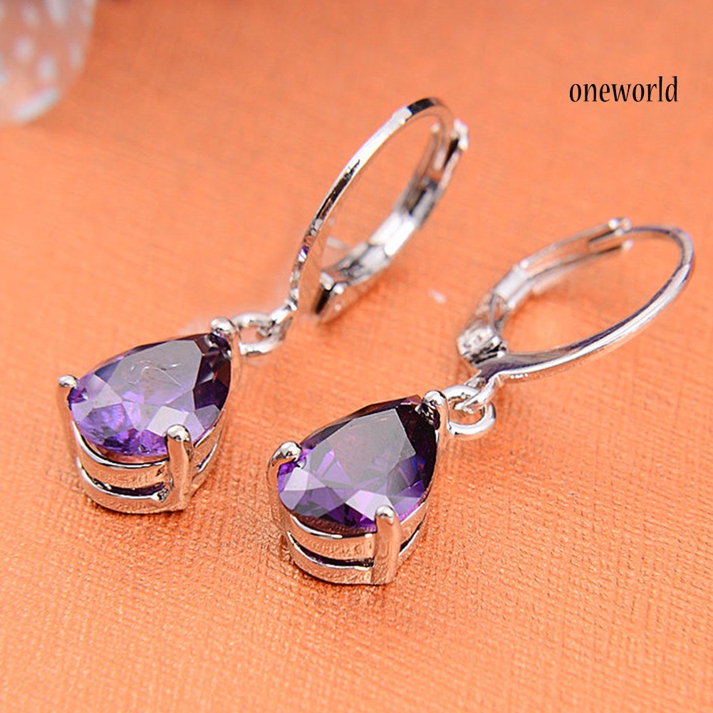 OW@ Elegant Women's Purple Rhinestone Water Drops Leverback Dangle Earrings Gift